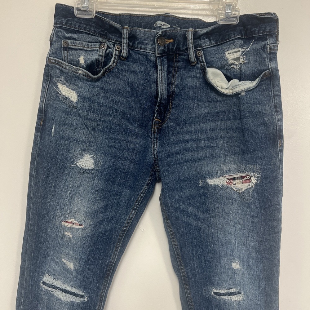 Old Navy Mens Slim Built-In Flex Jeans Size 32 Medium Wash Blue Distressed Plaid